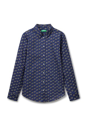 Marineblaues, knopfbares Hemd mit floralem Muster in Beige. Verfügt über einen klassischen Kragen, lange Ärmel und einen abgerundeten Saum. Weicher, gemusterter Stoff.