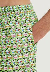 Costume de baie verde, cu un model jucăuș de rațe de desen animat în cercuri. Dispune de un talie elastică și un buzunar lateral.