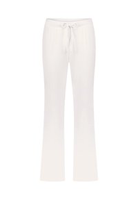 Witte, lichte pantalons met een trekkoord in de taille, met een flared vorm en een smooth textuur. Effen kleur zonder patronen of accenten.