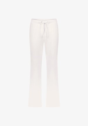 Witte, lichte pantalons met een trekkoord in de taille, met een flared vorm en een smooth textuur. Effen kleur zonder patronen of accenten.