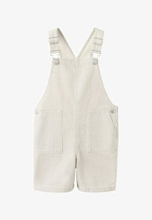Salopette courte rayée beige clair avec poches avant et bretelles réglables avec boucles en métal.