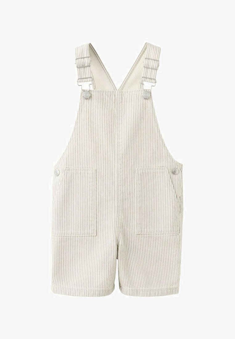 Salopette courte rayée beige clair avec poches avant et bretelles réglables avec boucles en métal.