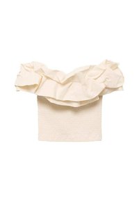Top color crema con una sezione inferiore smockata e testurizzata e un design drappeggiato e arricciato al collo. Realizzato in tessuto leggero.