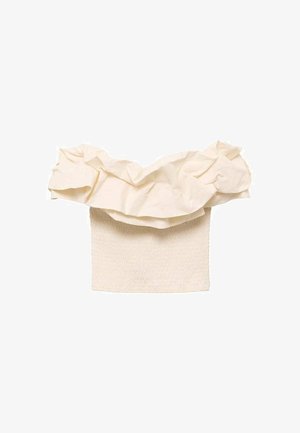 Kremasti top s teksturiranim, nabranim donjim dijelom i volanima oko izreza vrata. Izrađen od lagane tkanine.