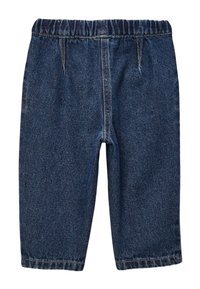Shorts en jean bleu avec une taille élastique, comprenant deux poches avant et une coupe droite. Le tissu présente une texture classique de jean.