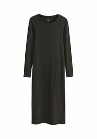 Schwarzes Langarmkleid aus geripptem Material, mit Rundhalsausschnitt, geradem Schnitt und glatter Textur. Keine sichtbaren Muster oder Akzente.