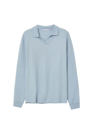 Langärmliges Poloshirt in Hellblau mit strukturierter Oberfläche, V-Ausschnitt und geknöpften Ärmeln. Einfaches Design ohne sichtbare Muster oder Akzente.