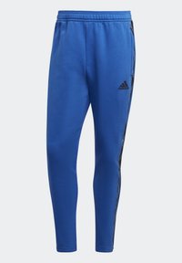Blå sportiga joggers i mjukt material, med en svart logotyp och randiga detaljer längs sidorna. Elastisk midja för komfort.