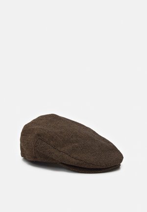 Brown herringbone flat cap with a rounded crown and short, stiff brim against a white background.