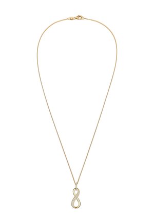 Goldfarbene Halskette mit einem unendlichen Pendant, das mit klaren, funkelnden Akzenten in einem polierten Metall-Design eingesetzt ist.