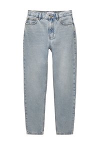 Jean bleu clair taille haute à jambe droite, fermeture à l'avant par bouton et zip, passants de ceinture et design cinq poches.