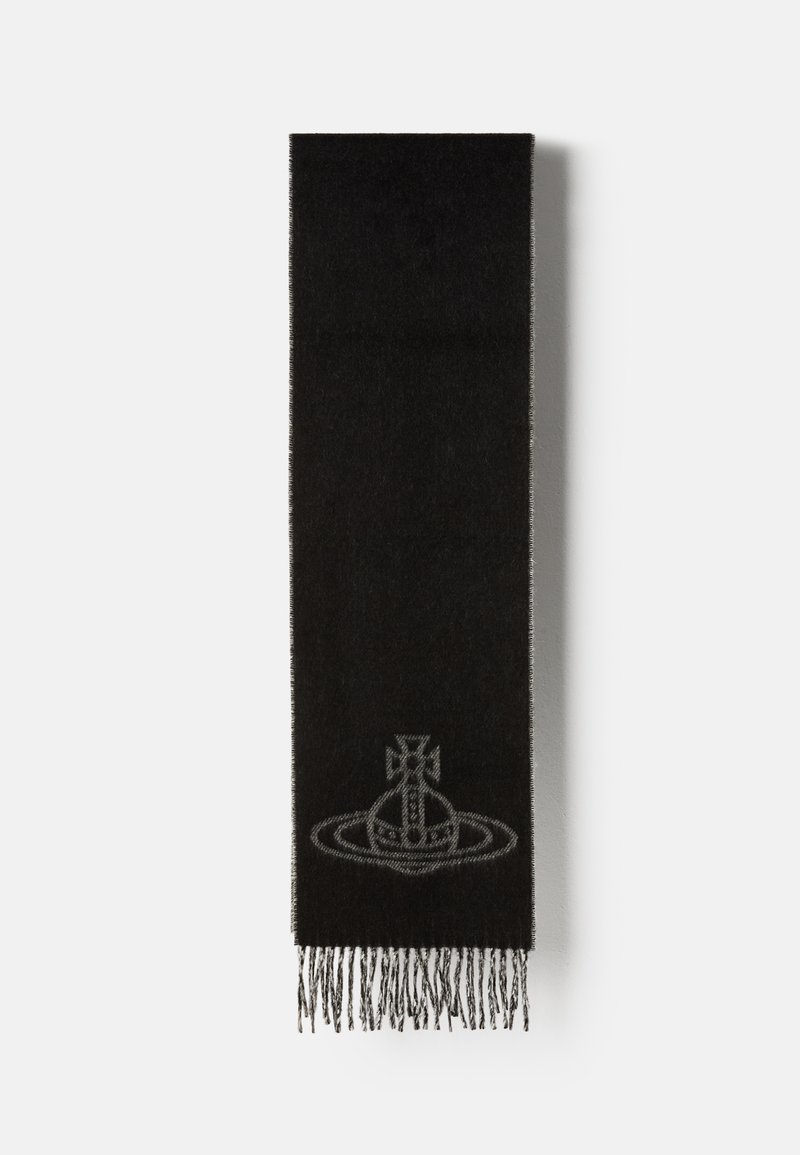 Črn šal iz mehkega materiala, z grafičnim dizajnom sive križa v krožnem vzorcu in frfotastimi konci.