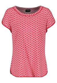 Blouse rouge à manches courtes avec un motif de chaînes blanches. Encolure ronde avec bordure contrastée. Tissu doux et léger avec une coupe décontractée.