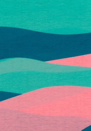 Abstract fabric with wavy patterns in teal, dark blue, and soft pink hues. Smooth texture with layered, undulating shapes.