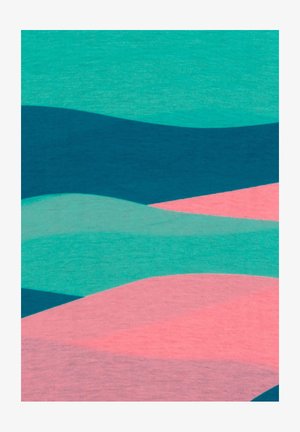 Abstract fabric with wavy patterns in teal, dark blue, and soft pink hues. Smooth texture with layered, undulating shapes.