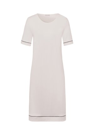 Robe courte beige clair à manches courtes en tissu doux, avec un col rond et des détails en bord noir aux manches et à l'ourlet.