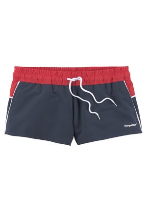 Marineblauwe zwemshorts met een rode elastische tailleband, witte accenten en een trekkoord. Beschikt over een logo aan de onderkant rechts.