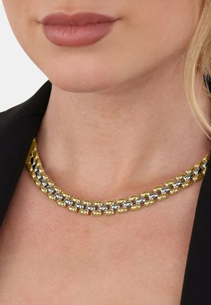 Collana in oro e argento con anelli intrecciati, caratterizzata da una texture liscia e una finitura lucida, indossata su un indumento scuro.
