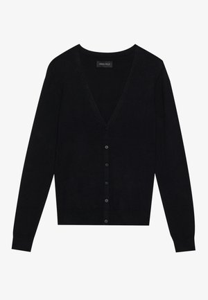 Black cardigan made of soft fabric, featuring a V-neck, long sleeves, and six button closure down the front. Finely ribbed cuffs and hem.