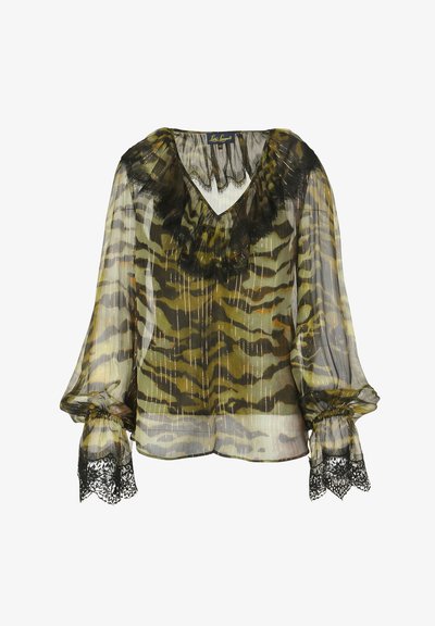 Chiffonbluse mit einem Camouflage-Muster in Oliv und Grau, mit einem schwarzen Spitzenbesatz am Ausschnitt und den Manschetten, lockere Passform.