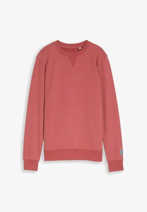 Sweat-shirt à manches longues avec col ras-du-cou en rouge brique atténué, doté de poignets et d'un ourlet côtelés, avec un petit détail de couture triangulaire sous l'encolure.