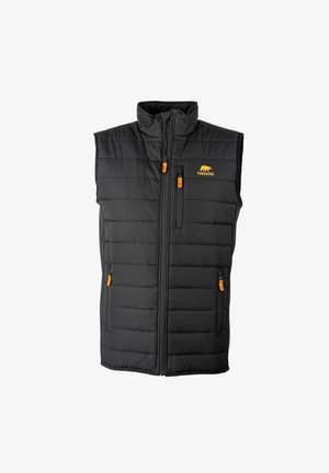 Schwarze Steppweste mit hohem Kragen, durchgehendem Reißverschluss und orangefarbenen Akzenten. Verfügt über zwei Seiten- und eine Brusttasche mit einem Logo.