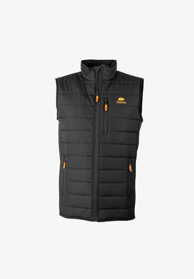 Schwarze Steppweste mit hohem Kragen, durchgehendem Reißverschluss und orangefarbenen Akzenten. Verfügt über zwei Seiten- und eine Brusttasche mit einem Logo.