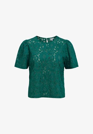 Blouse en dentelle bleu sarcelle avec motif floral, manches courtes bouffantes, col rond et fermeture par boutons dans le dos.