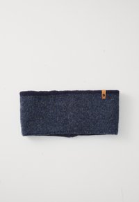 Dark blue knit headband with a small tan logo tag on a white background, shown folded flat.