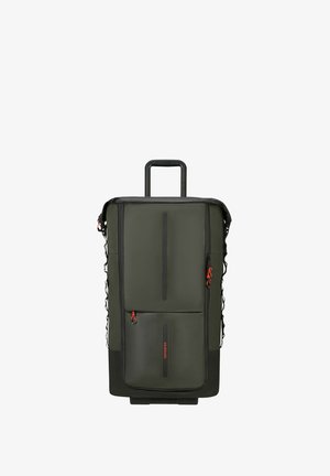 Dark green wheeled backpack, rectangular shape, made of durable material, features multiple compartments, black accents, and orange zipper pulls.