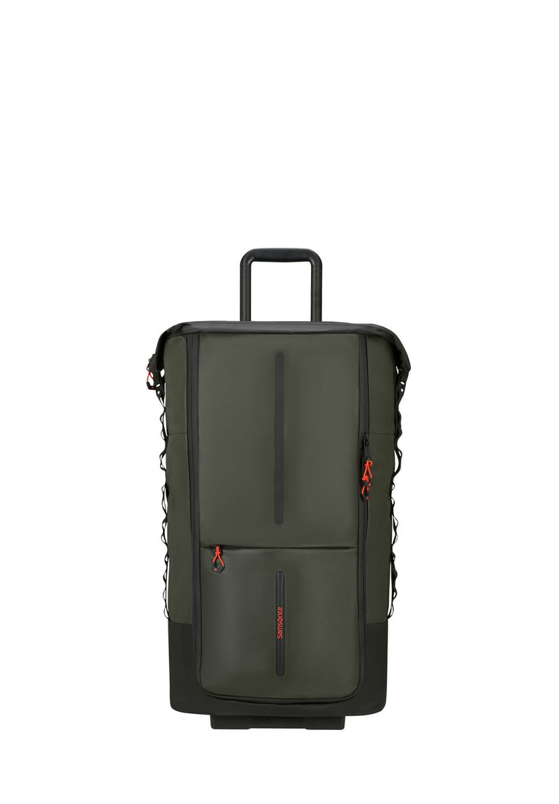 Dark green wheeled backpack, rectangular shape, made of durable material, features multiple compartments, black accents, and orange zipper pulls.
