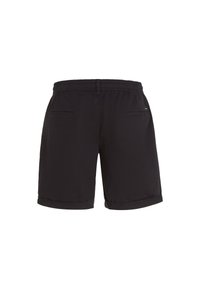 Schwarze Shorts aus glattem Stoff, mit einem elastischen Taillenbund, zwei Gesäßtaschen und umgeschlagenen Säumen für einen sauberen Abschluss.
