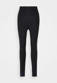 Leggings neri con alta vita, realizzati in materiale elastico, caratterizzati da una texture liscia e una silhouette aderente. Nessun motivo o hardware visibile.