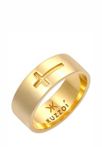 Zelta toņa gredzens ar paceltu krusta dizainu uz gludas, noapaļotas joslas. Iekšpusē iegravēts "Kuzoi". Spīdīgs pārklājums, minimālistisks stils.