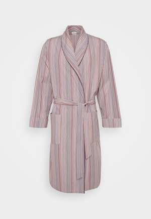 Robe en coton rayé avec un col châle, doté de manches longues, d'une taille ceinturée et de deux poches à l'avant dans une palette de couleurs pastel.