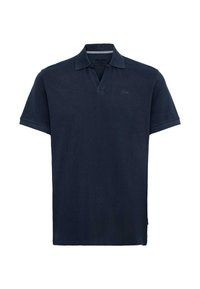 Polo bleu marine à manches courtes avec col et logo brodé discret sur la poitrine gauche, sur fond blanc.