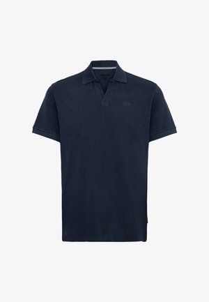 Polo de manga corta azul marino con cuello y logo bordado sutil en el pecho izquierdo sobre un fondo blanco.