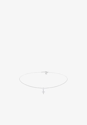 Ezüst choker nyaklánc finom kábel lánccal és kis kereszt medállal, amelyen tiszta drágakövek találhatók. Állítható kapocs és minimalista dizájn.
