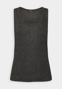 Top senza maniche nero con scollo a barca, realizzato in un tessuto testurizzato con sottili accenti glitterati distribuiti su tutto il materiale.