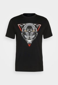 Black t-shirt featuring a graphic of a fierce panther's face within a triangular red and gray design. Cotton material, short sleeves.