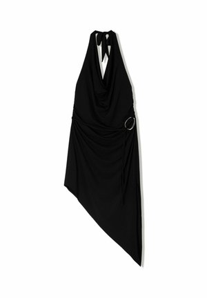 Black halter-neck dress with draped fabric and asymmetrical hem. Features a circular metal ring accent at the waist and soft texture.