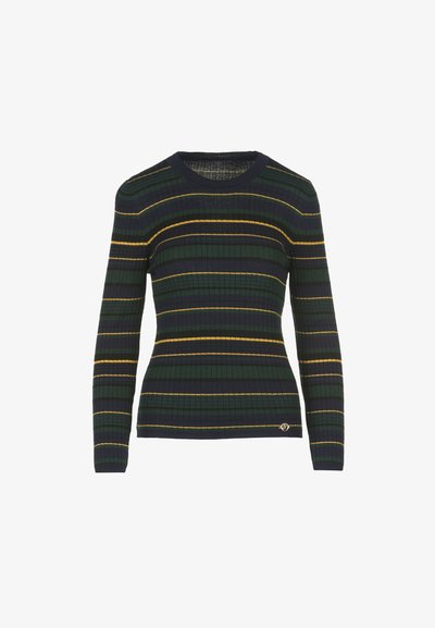 Garās piedurknes ribota džemperis ar apaļu kaklu, ar horizontālām svītrām tumši zaļā, tumši zilā un dzeltenā krāsā.