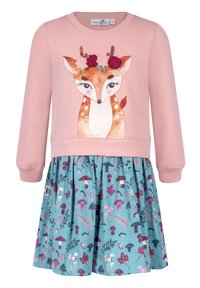 Rosa sweatshirt med ett hjortmotiv, kombinerad med en utsvängd turkos kjol som har flerfärgade svamp- och bladmönster. Material av bomullsblandning.