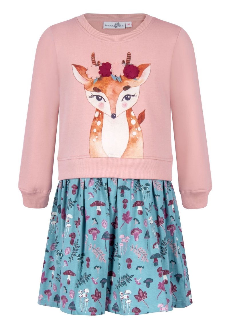 Rosa sweatshirt med ett hjortmotiv, kombinerad med en utsvängd turkos kjol som har flerfärgade svamp- och bladmönster. Material av bomullsblandning.