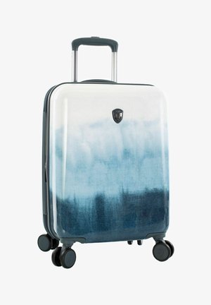 Harde koffer met een gradiëntontwerp in blauw en wit. Beschikt over een uittrekbare handgreep en vier zwarte spinnerwielen voor mobiliteit.