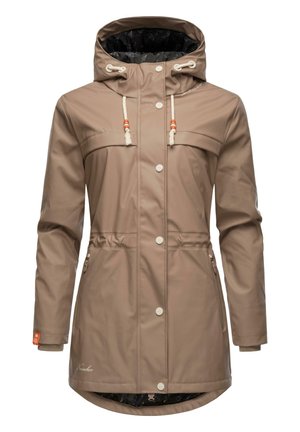Manteau de pluie beige avec une capuche à cordon, des boutons pression, deux poches poitrine, une taille cintrée et un intérieur à motif. Fabriqué en matériau résistant à l'eau.