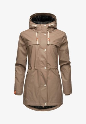 Beige regenjas met een trekkoordcapuchon, drukknoopsluitingen, twee borstzakken, een getailleerde taille en een patroon binnenin. Gemaakt van waterafstotend materiaal.