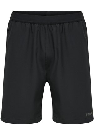 Zwarte sportshorts met een elastische tailleband, gemaakt van een gladde, lichte stof en voorzien van een geborduurd logo aan de rechter onderkant.
