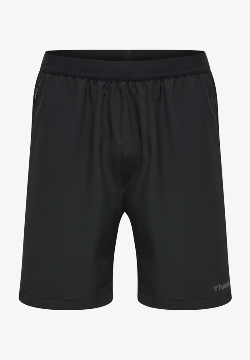 Schwarze Sportshorts mit elastischem Bund, aus einem glatten, leichten Stoff und mit einem gestickten Logo auf der unteren rechten Seite.
