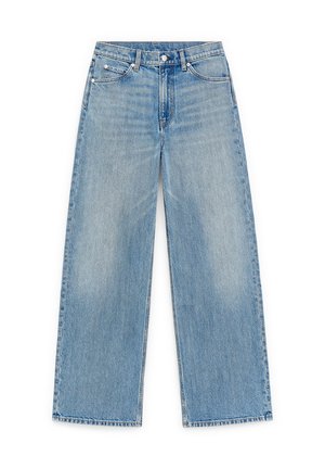 Light blue wide-leg denim jeans with five pockets, button closure, and belt loops, laid flat on a white background.